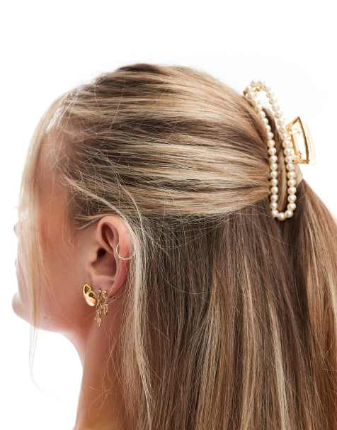 Pieces - Grande pince à cheveux rectangulaire avec perles nacrées - Doré et blanc - view 1