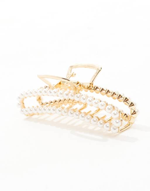 Pince à Cheveux Fantaisie Avec Fausses Perles Nacrées - Doré Métallique - 8 X 2,5 Cm - Parfait Pour Mariage, Soirée, élégant