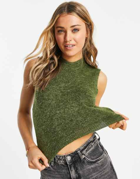 Pieces - Grøn ærmeløs strikket croptop med høj hals - Del af sæt - view 1