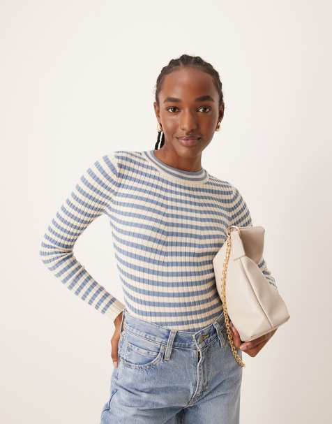 Pieces - Grofgebreide geribbelde top met lange mouwen en denimblauwe strepen - view 1
