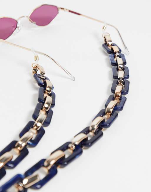 Pieces - Grove zonnebrilketting in marineblauw en goud