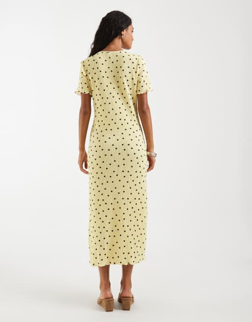 Pieces – Gul och brun, prickig maxiklänning i texturerad jersey, 4 av 4