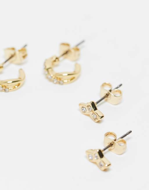 Pieces – Guldfärgade stiftörhängen och små creoler med stenar, 2-pack, 3 av 4