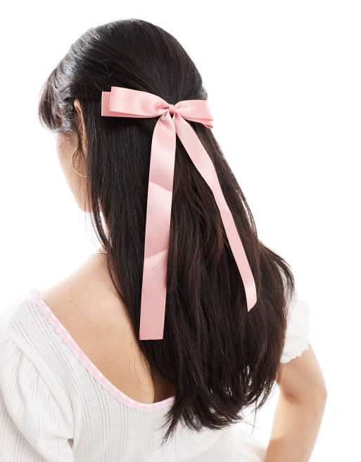 Pieces – Haarspange mit extra langer Satinschleife in Rosa