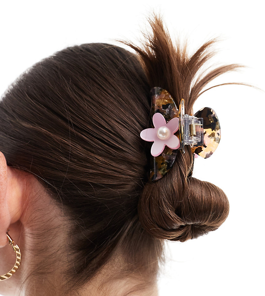 hair claw with pink flower in tortoiseshell-Brown