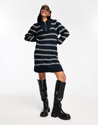 Pieces half zip knitted jumper dress in navy & cream stripe
