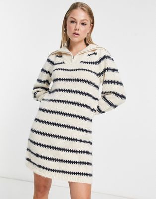 Pieces half zip mini jumper dress in cream stripe