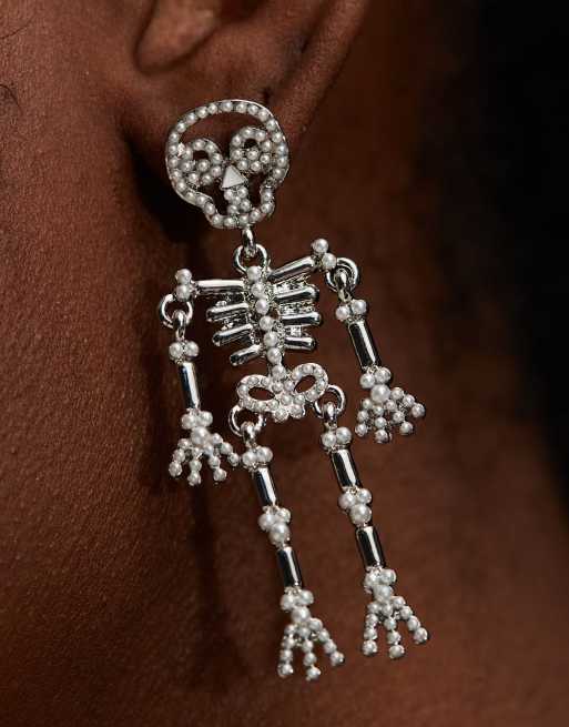 Pieces - Halloween - Boucles d'oreilles squelette avec perles fantaisie - Argenté, 3 de 4