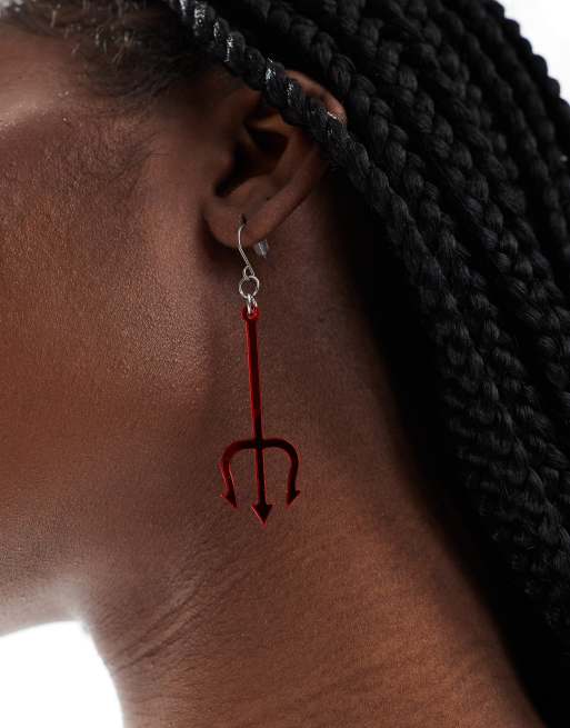 Devil Pitchfork Dangle Earrings - Red Acrylic Halloween Cosplay Accessories For Women, 3.23 Inches Long