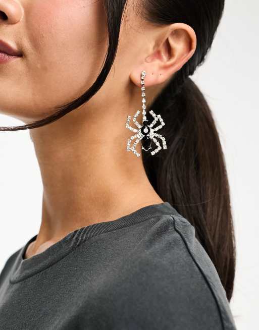 Pieces Halloween diamante drop spider earrings in silver
