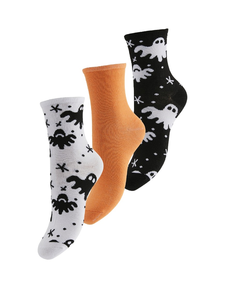 Pieces - Halloween - Set van 3 sokken met spoken in oranje, zwart en wit