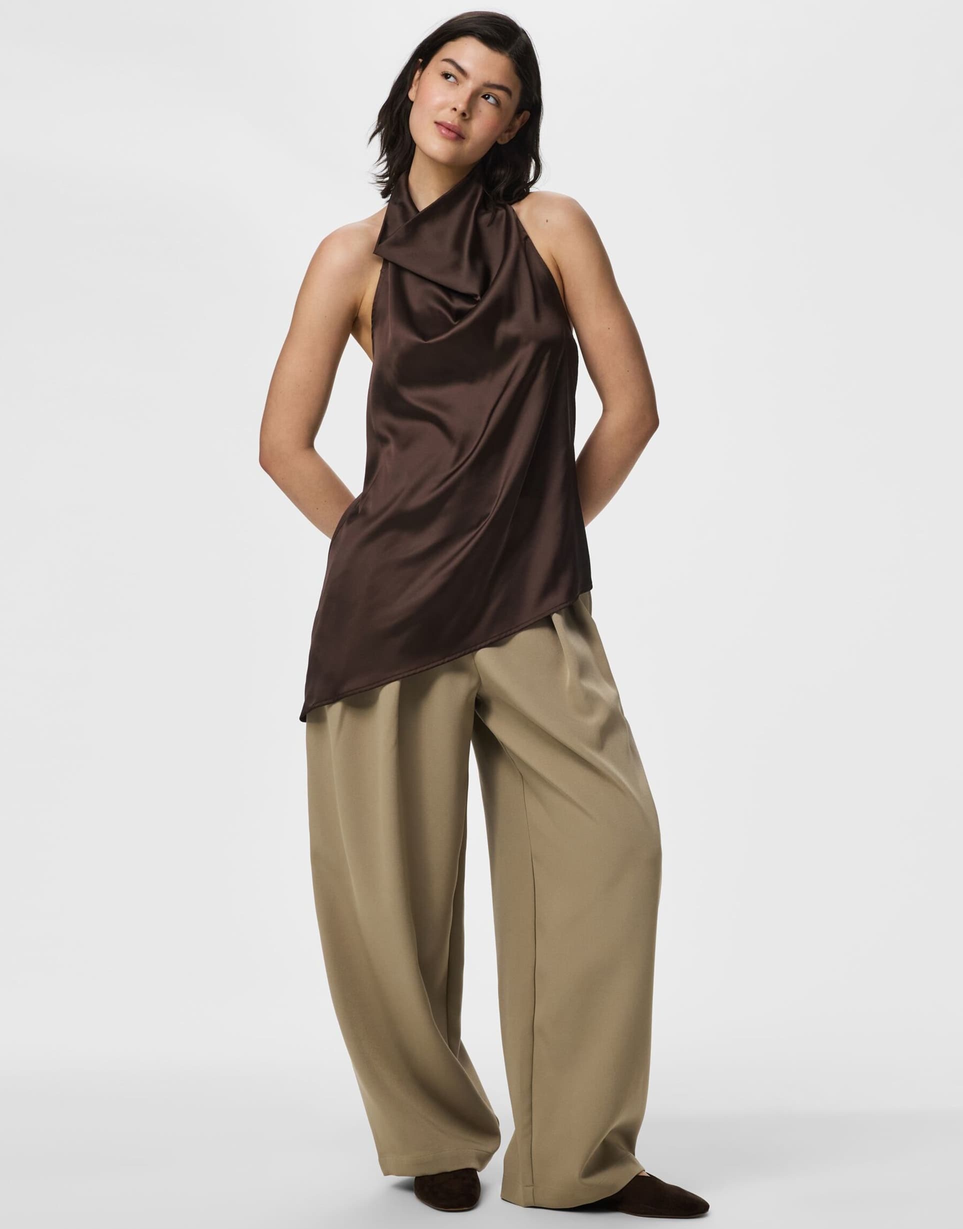 pieces halter neck asymmetric hem satin top in chocolate brown