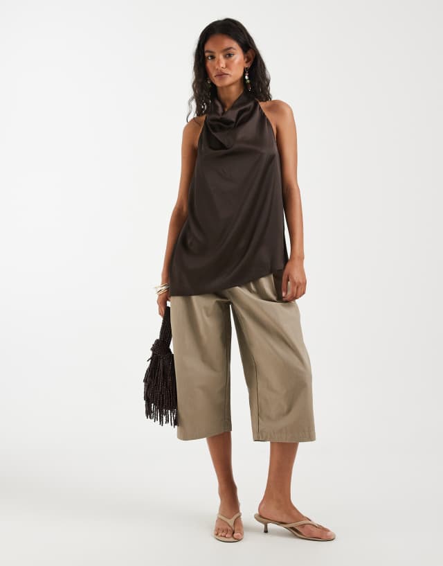 PIECES halter neck asymmetric hem satin top in chocolate brown | ASOS