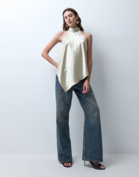 Pieces halter neck asymmetric hem satin top in cream