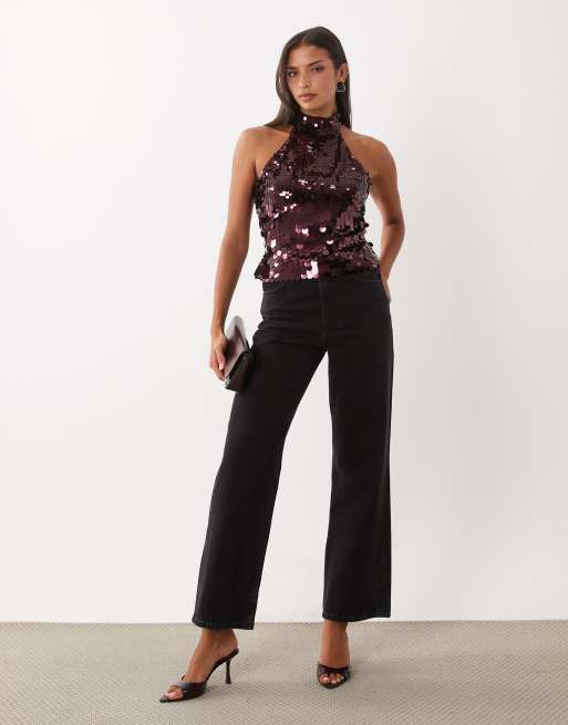 Pieces halter neck disc sequin top in burgundy, 2 of 4
