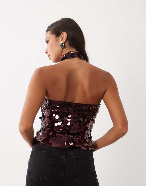 Pieces halter neck disc sequin top in burgundy, 3 of 4