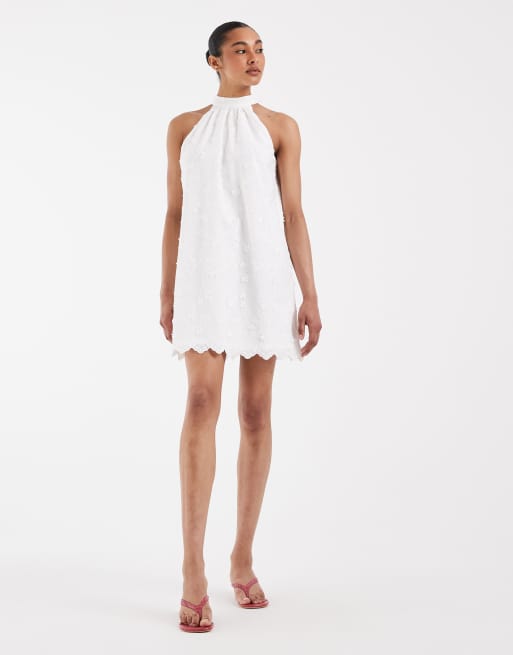 PIECES halter neck floral applique mini dress in white, 3 of 4