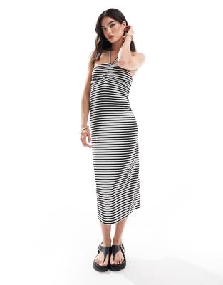 halter neck maxi dress in black and white stripe