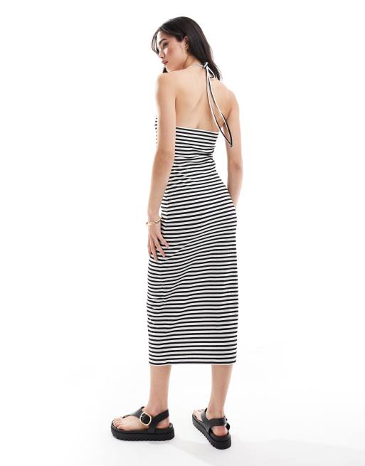 Pieces halter neck maxi dress in black and white stripe