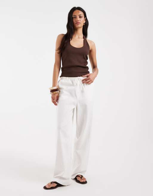 PIECES halter neck ribbed cotton blend top in coffee brown, 3 of 4