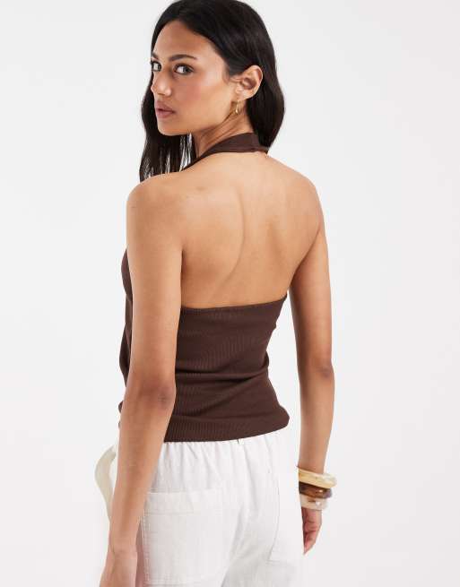 PIECES halter neck ribbed cotton blend top in coffee brown, 4 of 4