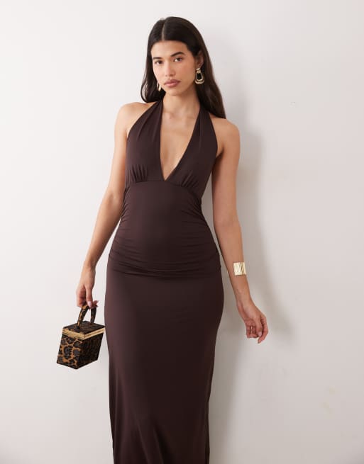 Pieces halter neck slinky maxi dress in chocolate brown, 4 of 4