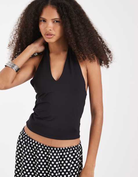 Pieces halter neck twist front slinky top in black