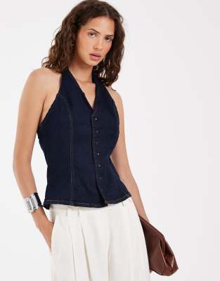 Pieces Halterneck Button Front Denim Top In Blue