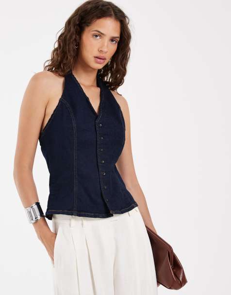 Pieces halterneck denimtopp med knappar framtill i mörkblått - view 1