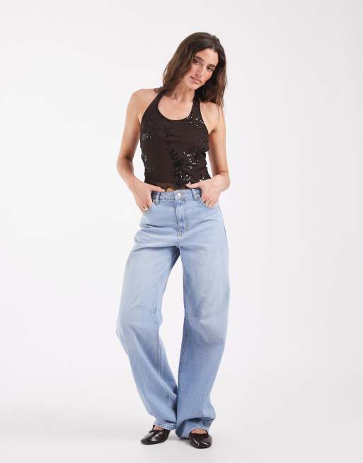 Pieces Halterneck-Mesh-Top mit Pailletten in Dunkelbraun, 3 von 4