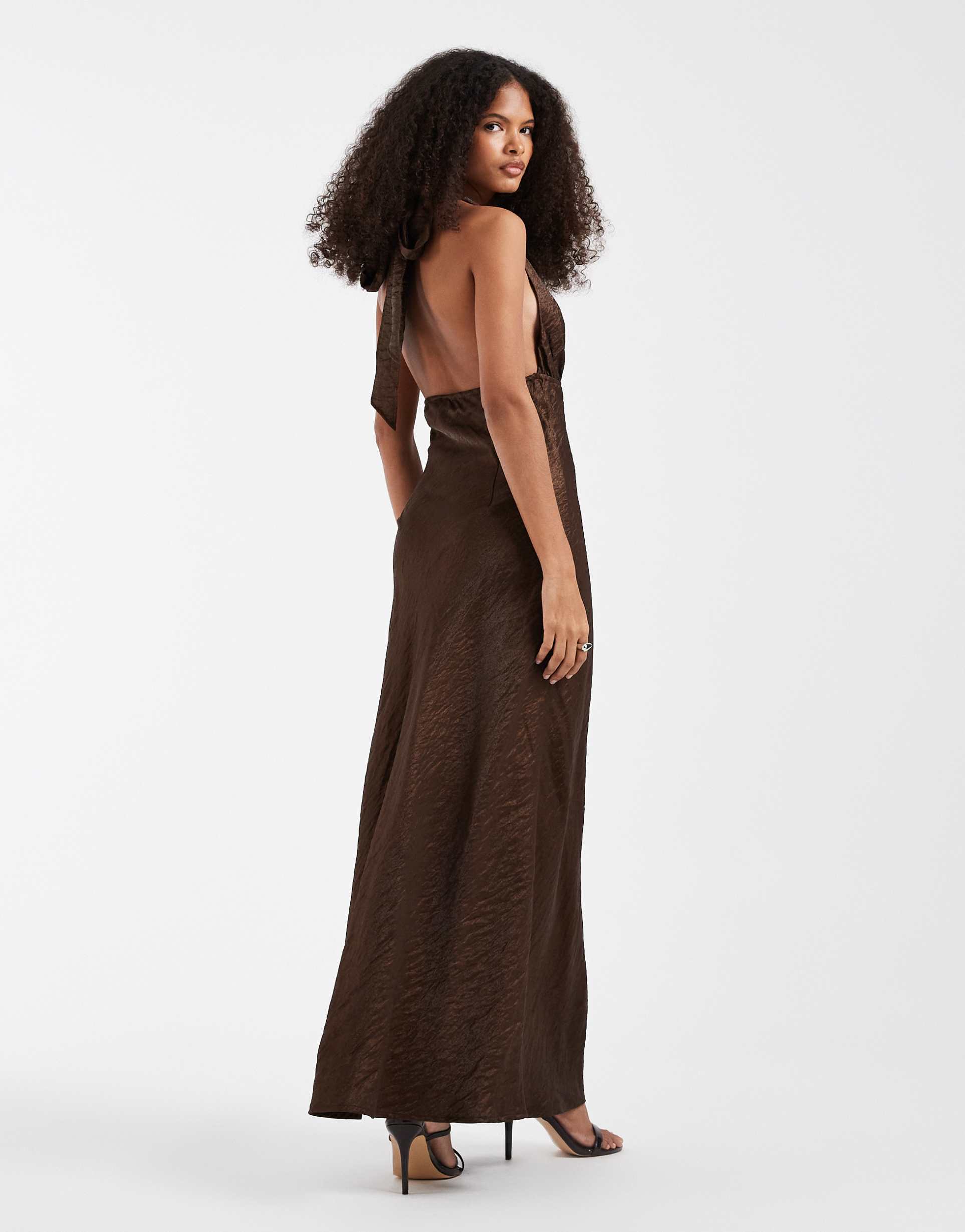 pieces halterneck satin shimmer maxi dress in chocolate brown