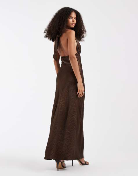 Pieces halterneck satin shimmer maxi dress in chocolate brown