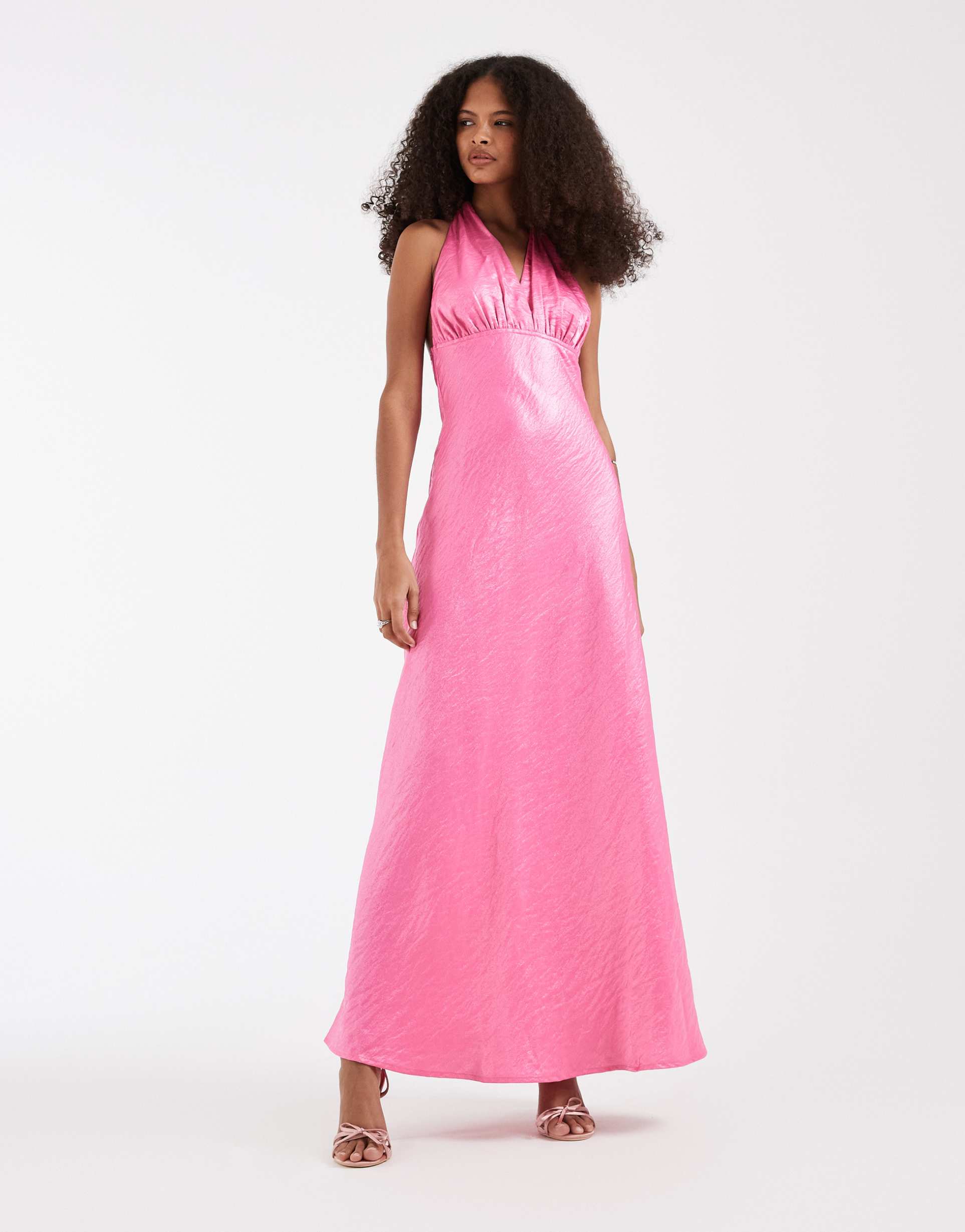 pieces halterneck shimmery satin maxi dress in pink