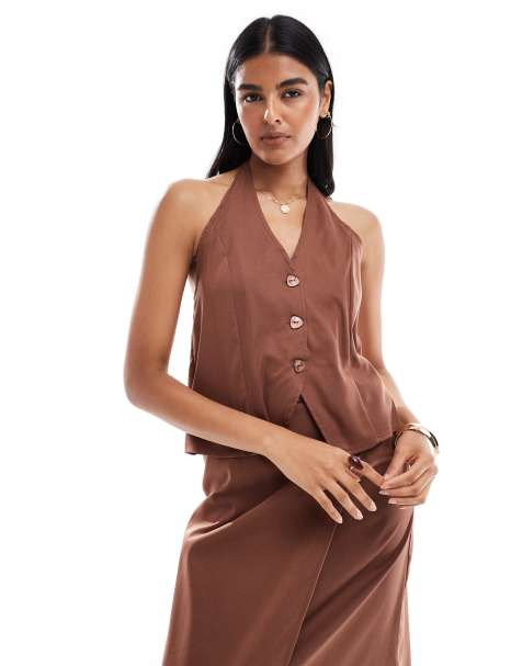 Pieces halterneck waistcoat co-ord in chocolate brown - view 1