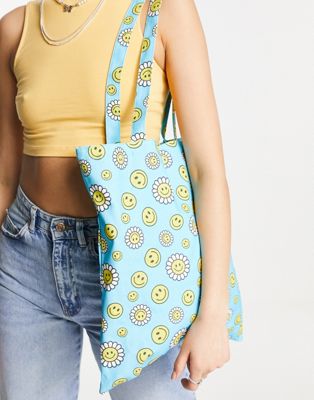 Pieces happy face tote bag in bright blue