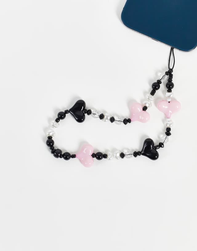 Pieces heart beaded phone charm in pink & black