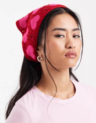 Pieces Pieces heart crochet bandana in red and pink