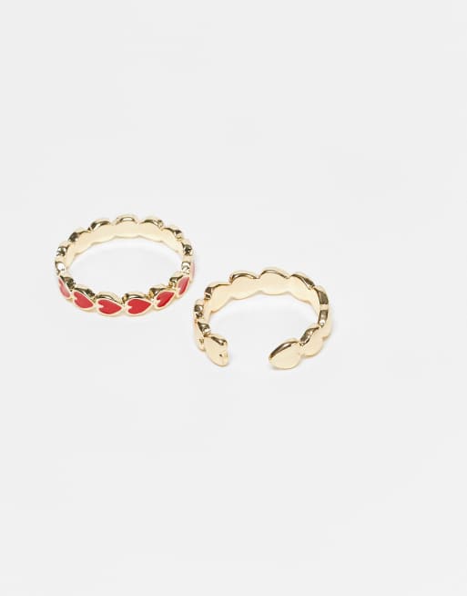 PIECES heart detail 2 pack of rings in gold and red, 3 of 3