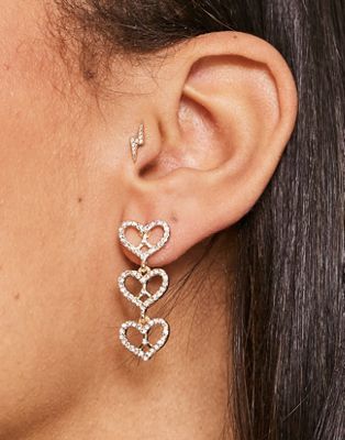 Pieces heart drop earrings in gold with diamantes