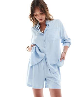 Pieces - Hemd in Hellblau mit Leinenanteil in Pastellblau, Kombiteil