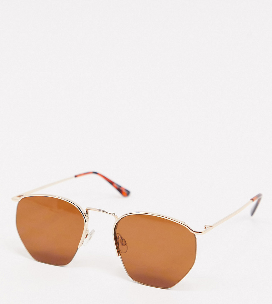 Pieces hexagon aviator sunglasses with brown lenses in gold