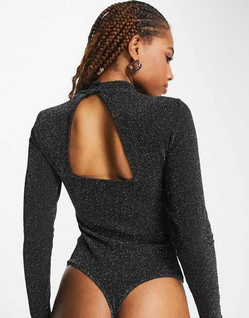 Pieces high neck bodysuit with open back in black glitter