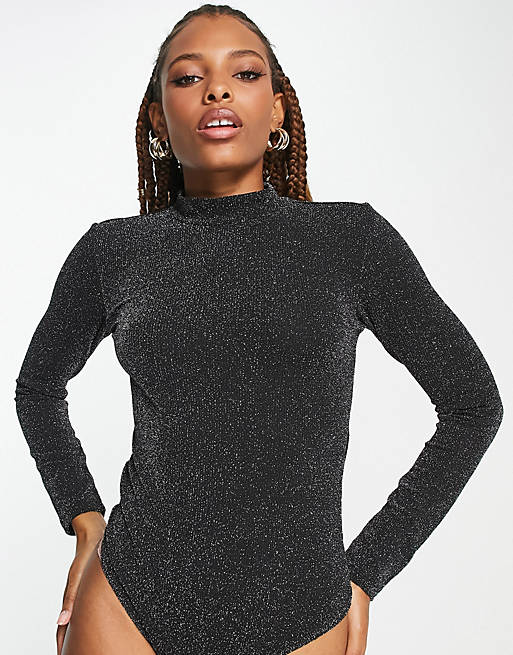 Pieces high neck bodysuit with open back in black glitter