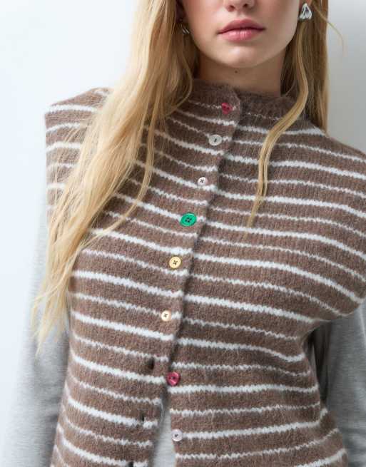 Pieces high neck button detail knitted cardigan in brown stripe, 2 of 4