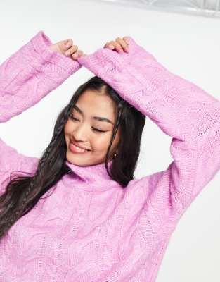 Pieces High Neck Cable Knit Sweater In Bubblegum Pink