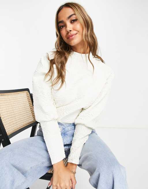 Pieces high neck deep cuff textured blouse in cream | ASOS