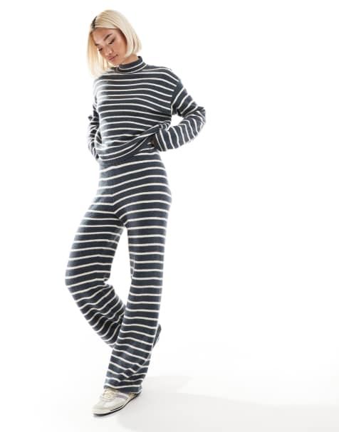 Pieces high neck jumper and wide leg trackies set in grey blue stripe - view 1