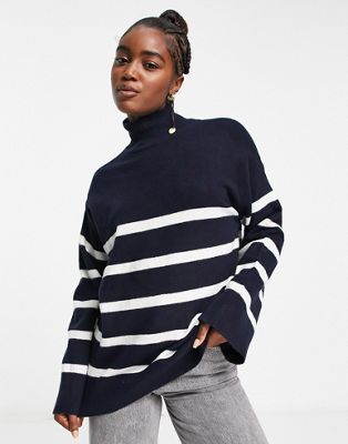 Pieces high neck jumper with wide sleeve in navy stripe