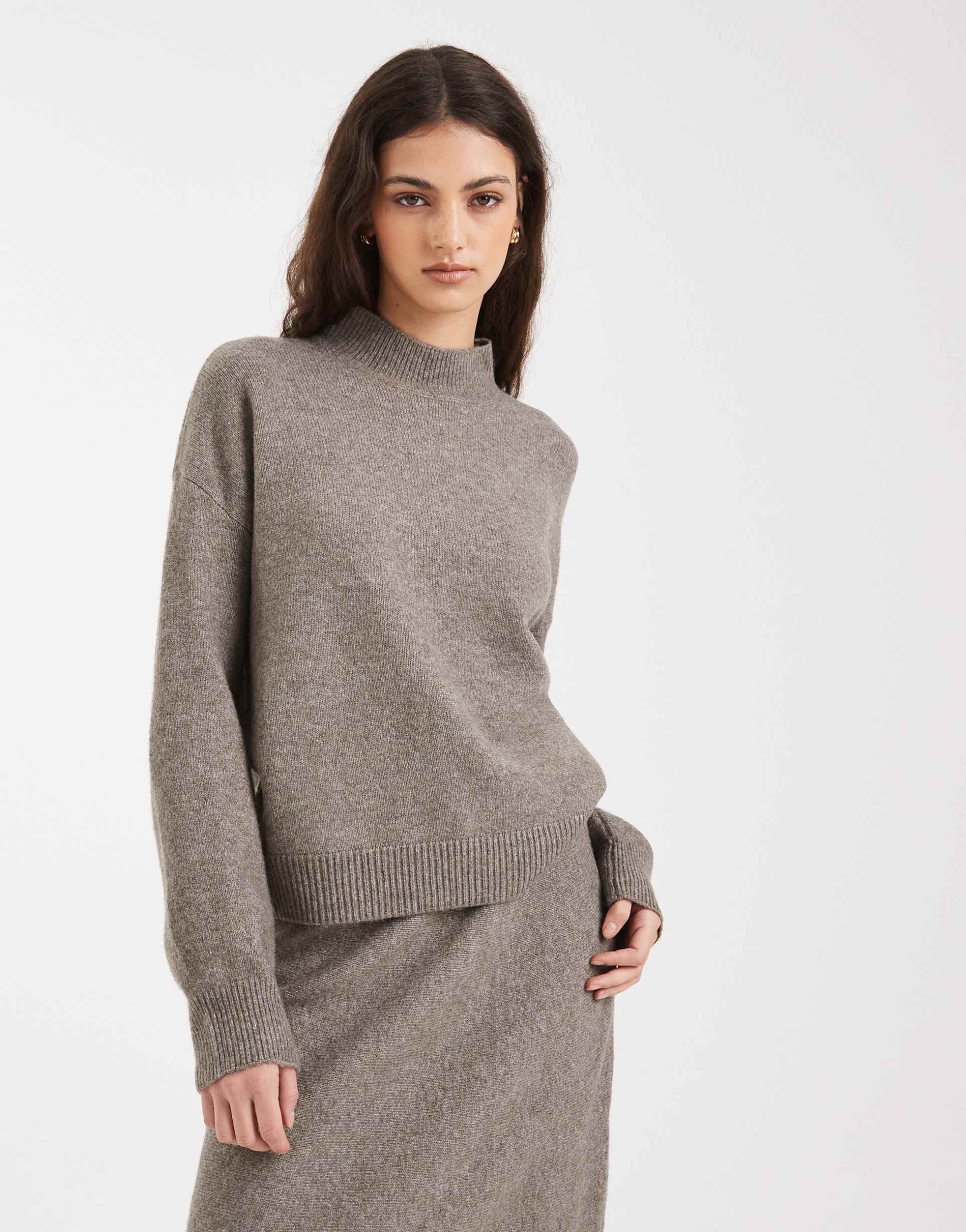 pieces high neck knit sweater in brown melange - part of a set