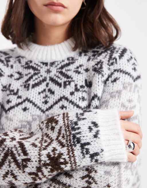 Pieces high neck knit sweater in neutral fairisle print, 3 of 4